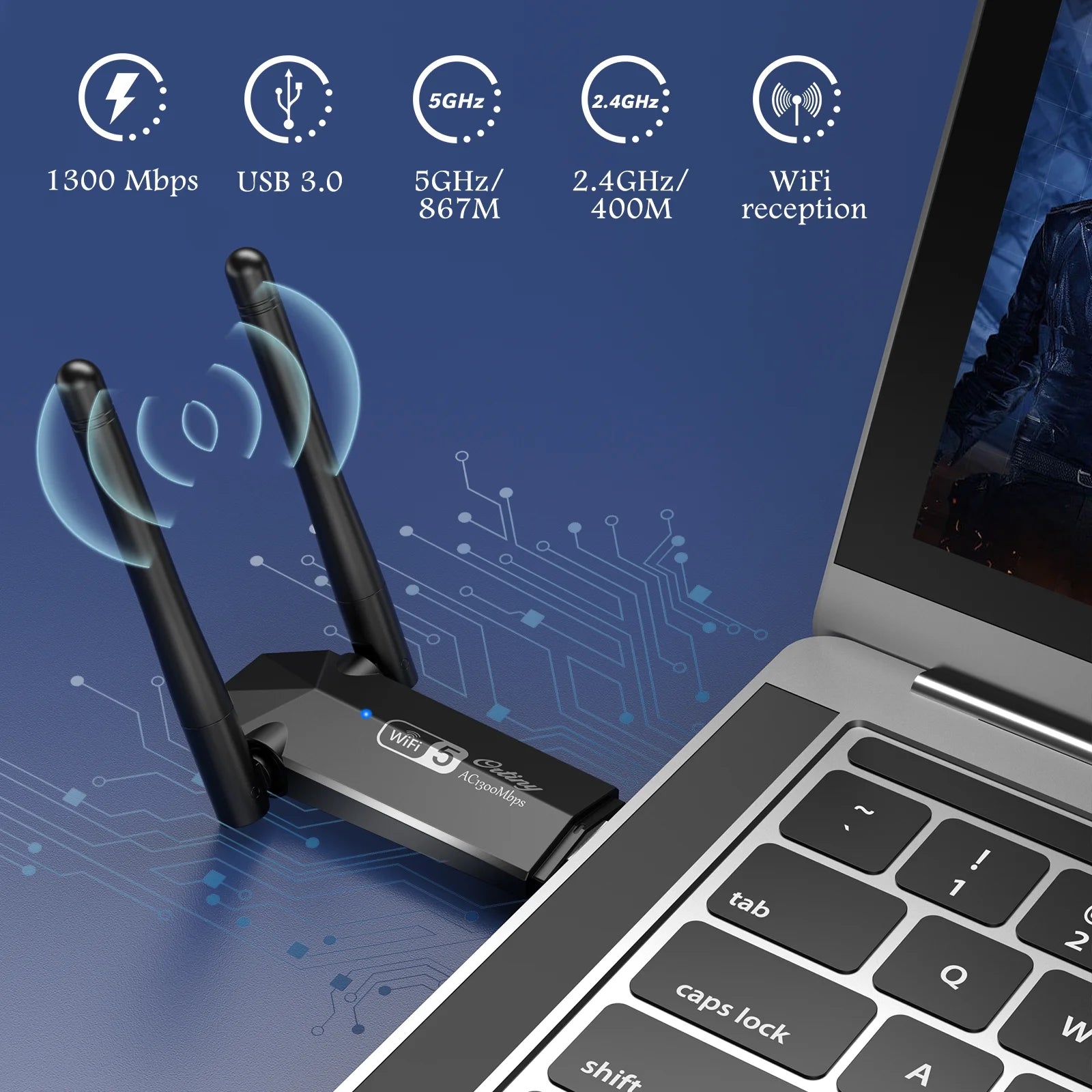 Ortiny 1300Mbps USB 3.0, 867Mbps on 5Ghz / 400Mbps on 2.4Ghz Dual-Band USB Wi-Fi Adapter