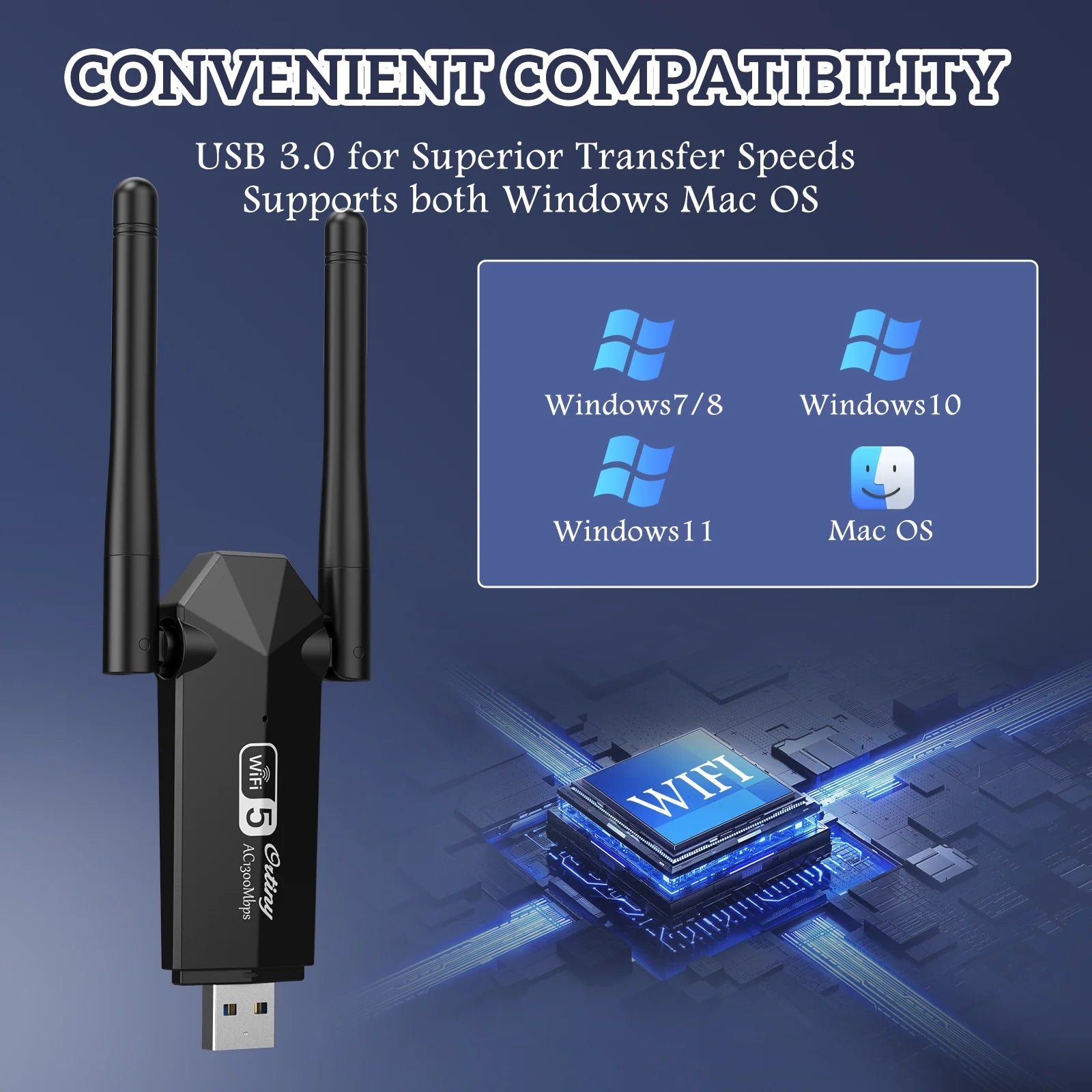 Ortiny 1300Mbps USB 3.0, 867Mbps on 5Ghz / 400Mbps on 2.4Ghz Dual-Band USB Wi-Fi Adapter