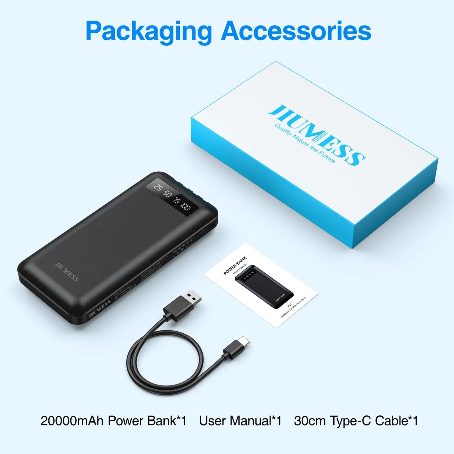 JIUMESS 20000Mah Power Bank Portable Charger with Cables Compatible for Iphone, Android Cell Phone