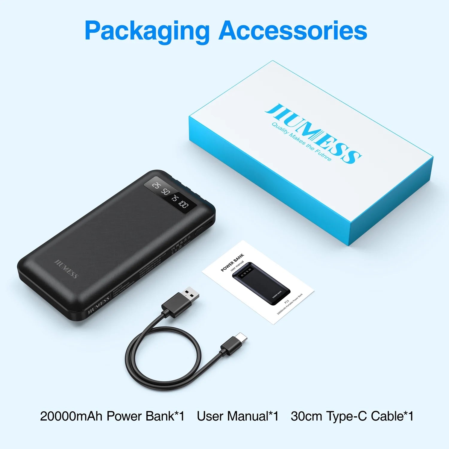JIUMESS 20000Mah Power Bank Portable Charger with Cables Compatible for Iphone, Android Cell Phone