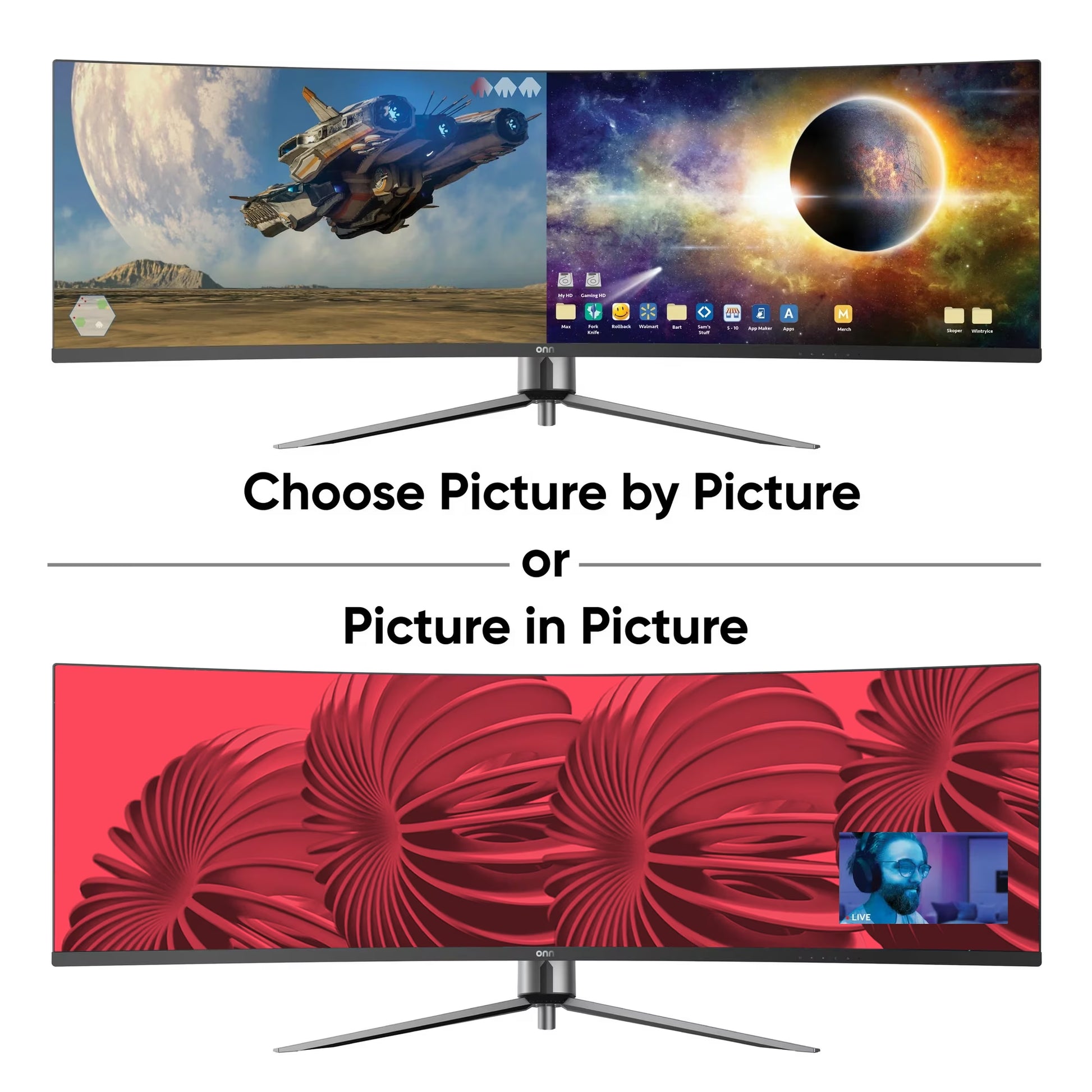 Onn 49" 3840 X 1080P Curved Dual FHD Gaming Monitor, Black, 100133225