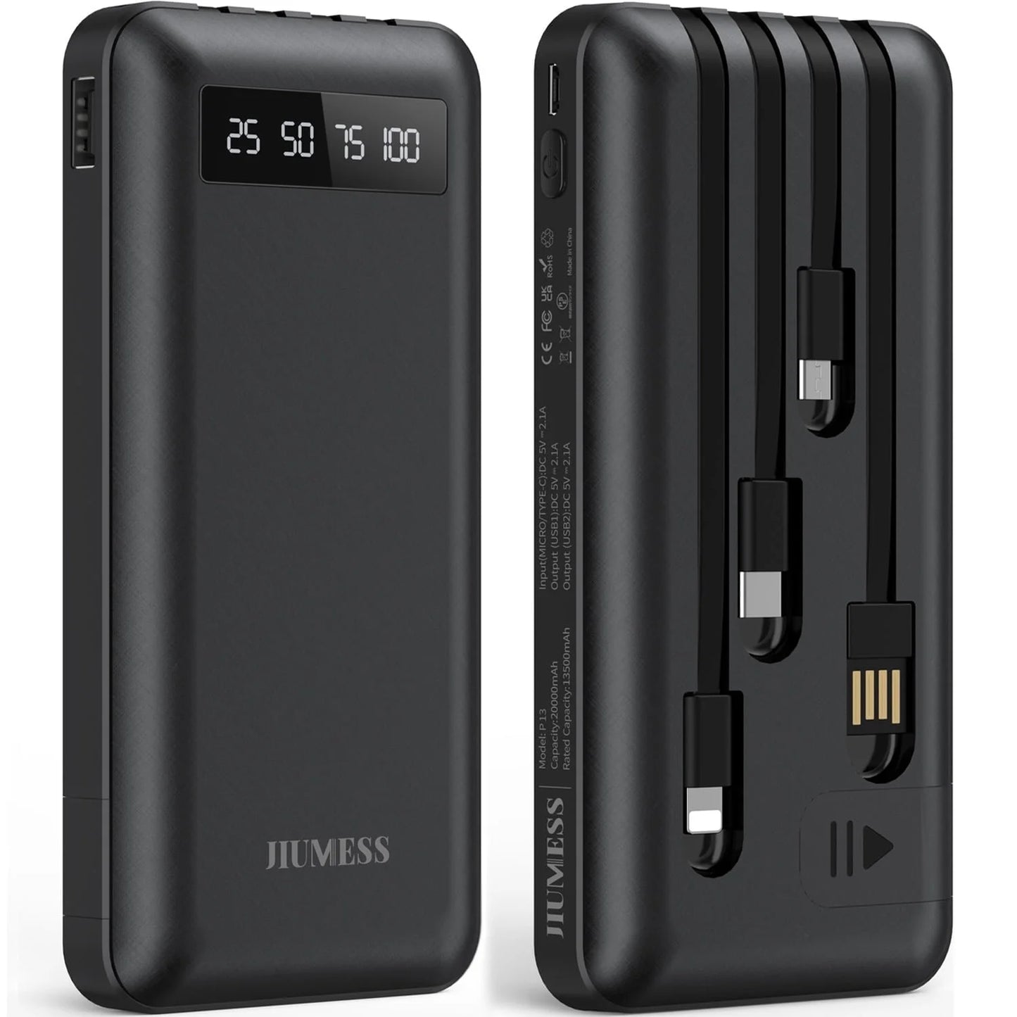 JIUMESS 20000Mah Power Bank Portable Charger with Cables Compatible for Iphone, Android Cell Phone